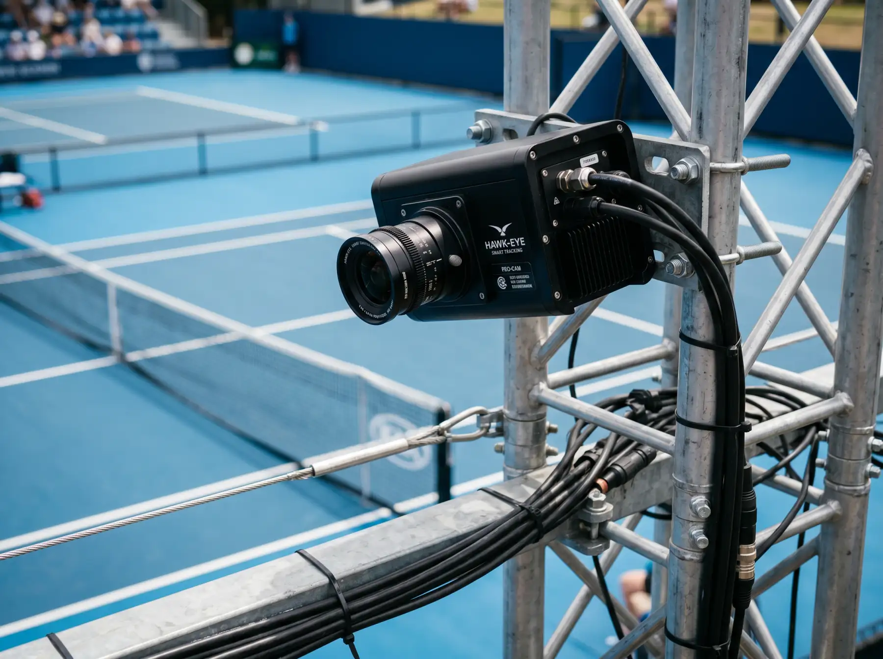 Sistema de cámaras Hawk-Eye instalado junto a una pista de tenis ATP para el Electronic Line Calling